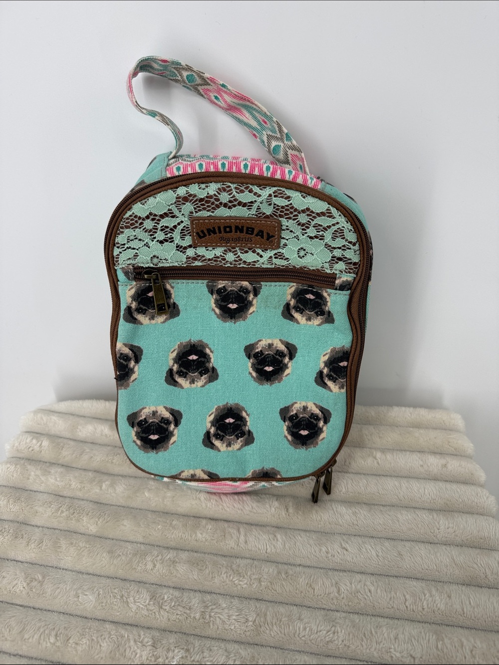 UNIONBAY Teal Pug Pattern Lunch Tote with Brown Trim & lace detail